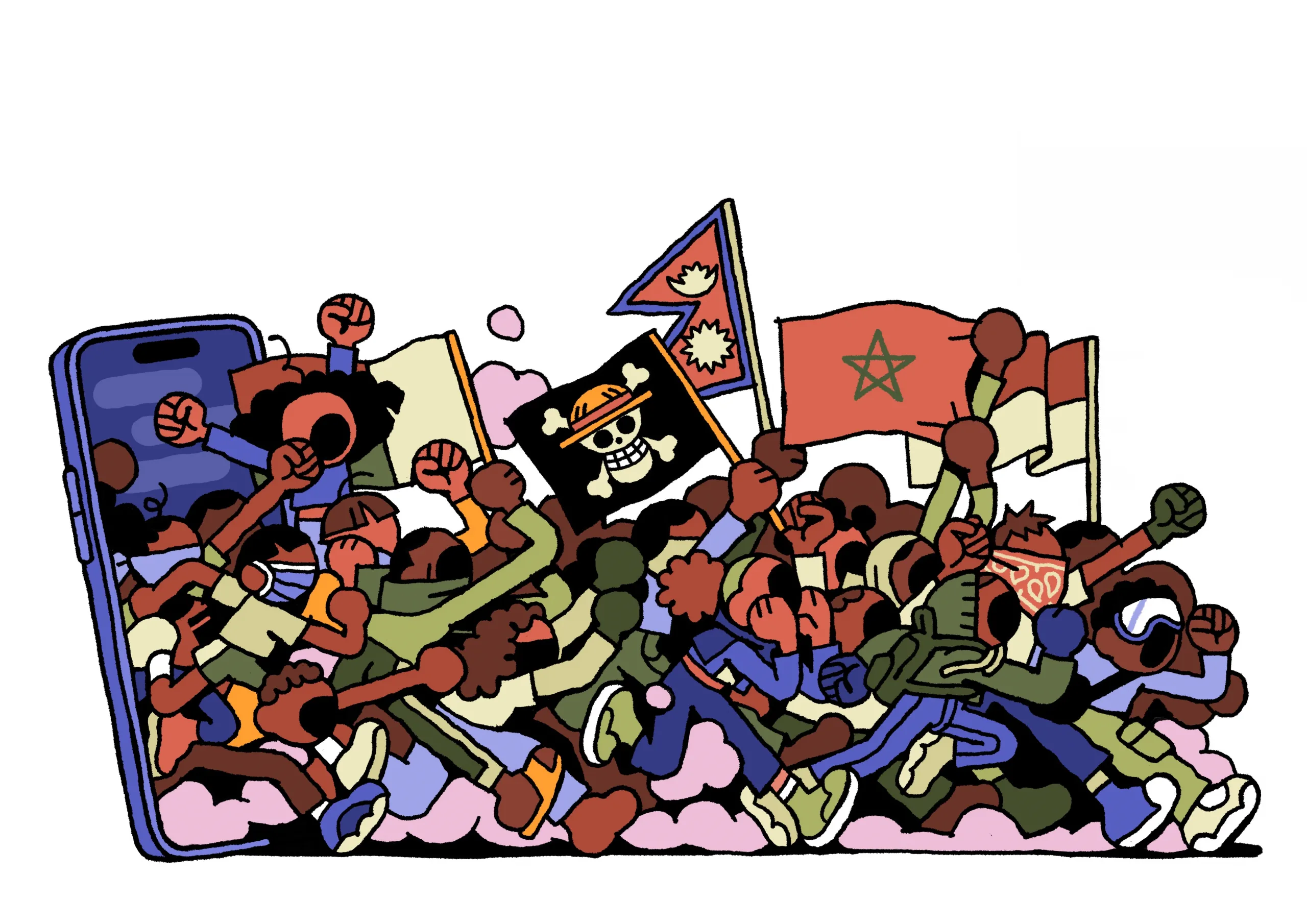 Dessin d'Elisa Marraudino, plusieurs manifestant-es sortent d'un smartphone, ils portent divers drapeaux, celui du Maroc, du Népal, de l'Indonésie et de Madagascar, ainsi que le drapeau pirate du manga One Piece.