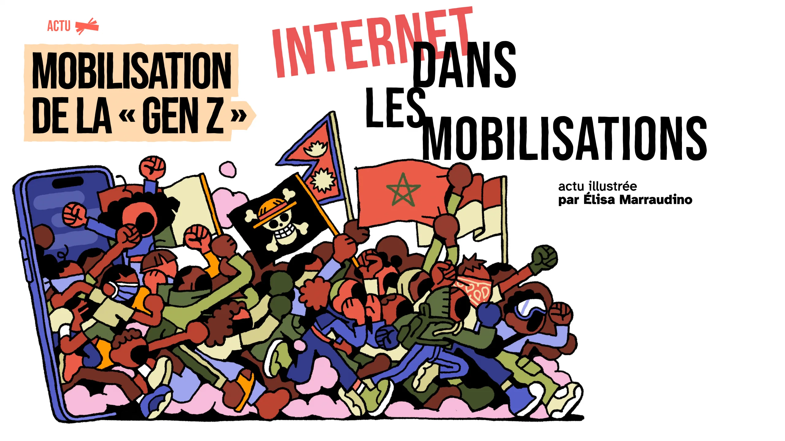 Visuel de l'article d'actu du numéro : Mobilisation de la « Gen Z », internet dans les mobilisations, illustré par Elisa Marraudino.