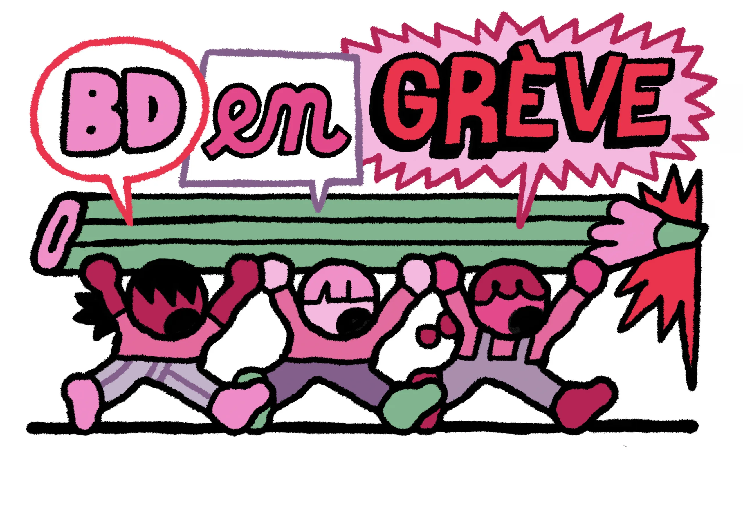 Titre: Sans elles, le FIBD s’arrête. L'illustration représente trois femmes portant un immsense crayon au dessus de leur tête comme un bélier. Au dessus de chacune d'entre elles, trois bulles avec trois mots : "BD" "en" "grève".